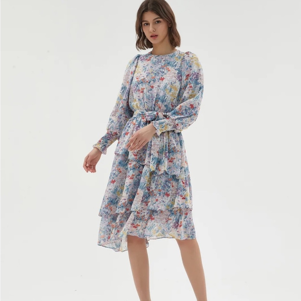 Mia‎ Mod dress Sz S floral lavender  tiered midi asymmetrical modest NO BELT